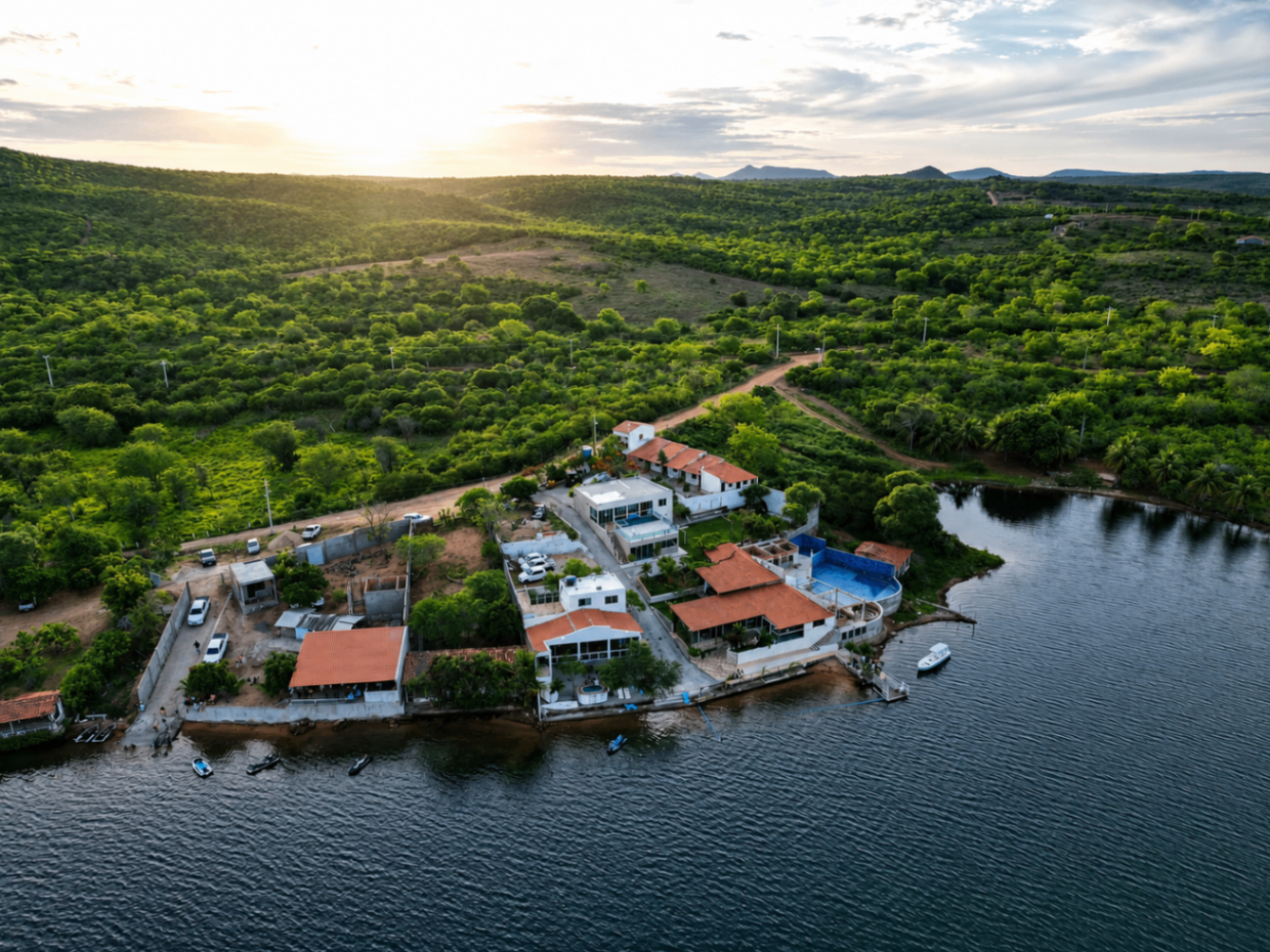 Vista aérea da pousada ao entardecer